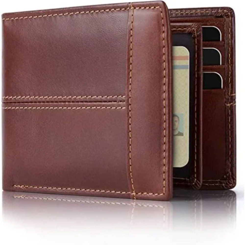 MENS Wallet RFID Genuine Leather Bifold Wallets For Men, Maroon (10 card slots)